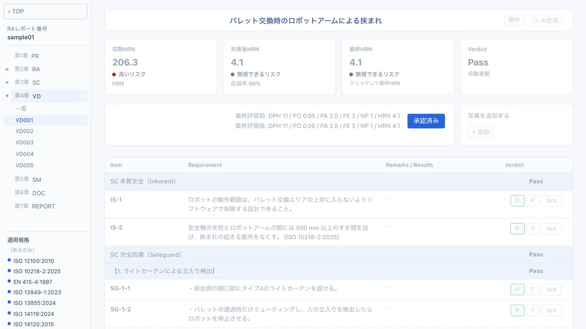 VD画面：方策ごとの合否判定と最終HRN
